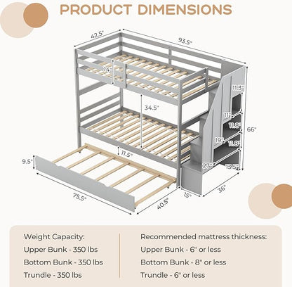 KOTEK Twin Over Twin Bunk Bed with Trundle and Stairs, Solid Wood Bunk Bed Frame with Storage Shelf, Bunk Beds Detachable into 2 Platform Beds for Kids Teens Adults (Grey)