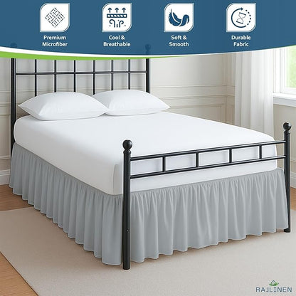 Rajlinen Ruffled Bed Skirt California King, 16 Inch Drop Dust Ruffle with Split Corners, 100% Microfiber Bedskirt with Platform, Three-Sided Coverage Ruffled Gathering Design, Light Grey