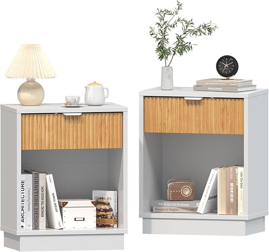 CMFYDAILY Fluted Night Stand Set 2, Large Wood Bedside Table Set of 2 Nightstands Set of 2 with Drawer and Storage Shelf for Bedroom, Small Spaces