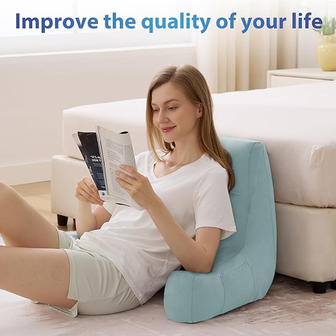 IPYNBAP Reading Pillow with Arms For Adult, Back Pillow for Bed Sitting Up, Shredded Memory Foam Backrest Pillow with Pockets & Removable Washable Cover, Lounging, Watching TV, Reading(20in Lake Blue)