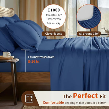 LBRO2M 1000 Thread Count 100% Egyptian Cotton Sheets Set 6 Piece Sets California King Bed Sheet Deep Pocket Sheet Set 16" Soft Comfortable All Season (California King, Navy Blue)
