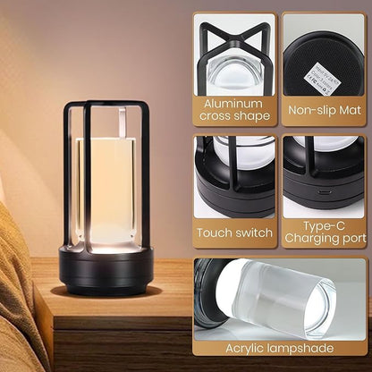 Crystal Lantern Light, Czgor Battery Operated Rechargeable Cordless Crystal Table Lantern Lamp with 3-Color, Portable Small LED Desk Lamp for Indoor/Outdoor Patio Camping Bedroom Bar Restaurant(Black)