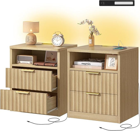 TEENFON Fluted Nightstands Set of 2, Night Stand with Charging Station and LED Light, Storage Drawer and Open Shelf, Modern Bedside Table for Small Space, for Bedroom, Natural