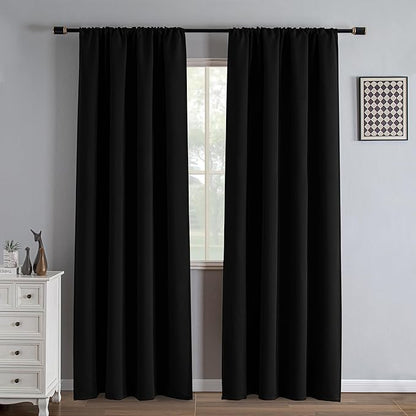 Black 100% Blackout Curtains 84 Inch Length 2 Panels Set, Black Out Curtains for Bedroom 84 Inch Long, Rod Pocket Energy Saving Room Darkening Drapes for Living Room Dining Room Window(W52 x L84)