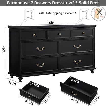 Farmhouse Furniture Set, Nightstands Set of 2 and 7 Drawers Dresser for Bedroom, 54 Inch Wide Wood Dresser and 24" Night Stands with Charging Station for Bedroom, Living Room, Hallway