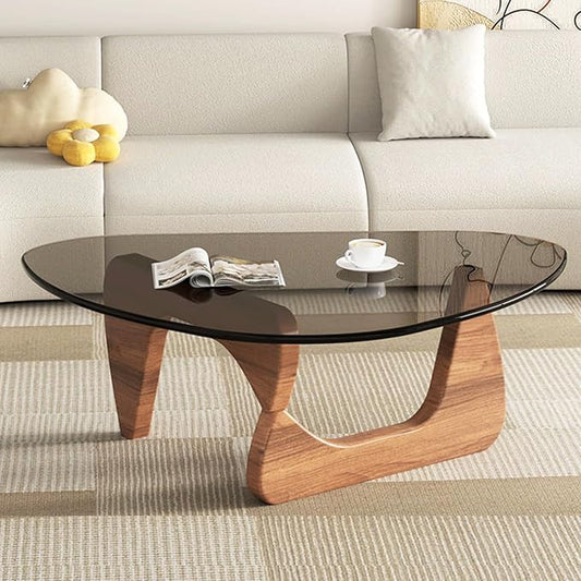 Glass Coffee Table, Mid Century Modern Coffee Table, Coffee Table for Living Room Center Table Suitable for Bedroom Living Room Reception Office Tables (Walnut/Grey, Large)