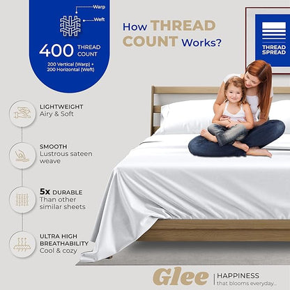 THREAD SPREAD 2-Pack King Size Sheets Set - 400 Thread Count 100% Cotton Sateen Weave - Extra Soft, Breathable, Hotel Quality Cooling Sheets, 2 Sets of King Size Deep Pocket Bed Sheets (White)