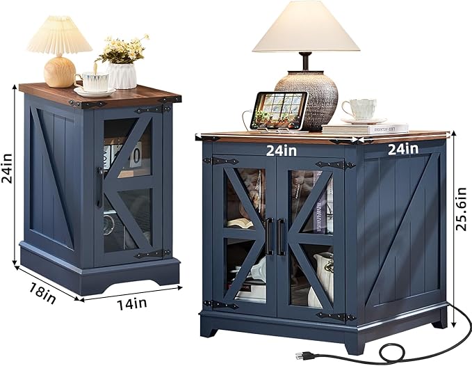 Farmhouse End Table Set 3, Narrow 18'' Night Stand with Glass Barn Door, 24" Square Side Table with Charger Station, Living Room Furniture Sets, Wood Nightstand Bedside Tables for Bedroom