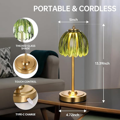 Set of 2 Tulip Table Lamp with 5000mAh Battery & Touch Control, Cordless Small Table Lamp with 3 Colors, Dimmable Rechargeable Table Lamps for Bedroom, Desk, Bedside (Green Tulip)
