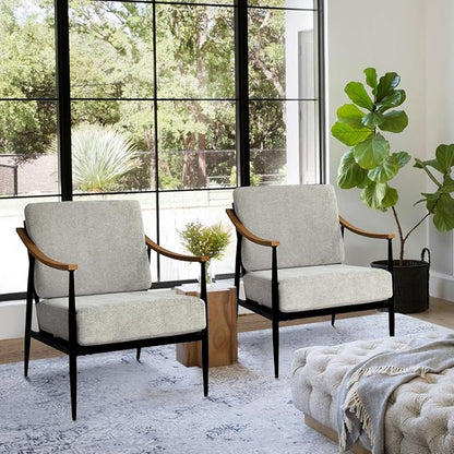Modern Accent Chairs Set of 2 for Living Room Bedroom Mid Century Arm Chairs Upholstered Office Accent Chairs Comfy Waiting Room Chairs with Metal Frame, Grey