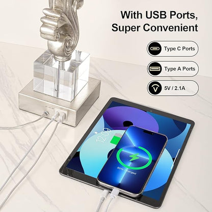 Scenekoy Table Lamp Set of 2 with USB Ports, Pull Chains Switch, 27” Silver Leaf Sculptural Bedside Lamps with Linen Shade for Living Room Bedroom, Nightstand Lamps for Home Room Decor