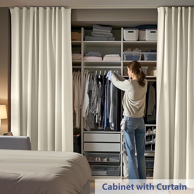 Room Divider Ceiling Mounted Curtains Track Sets Extra Wide Blackout Curtain Flexible Tracks for Bedroom Privacy Partition Separator, 1 Panel Beige Drape and White Rail, W10 x H8ft