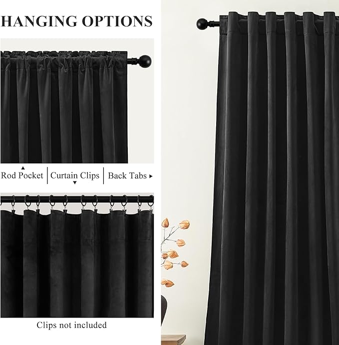 Black Velvet Blackout Curtains Extra Long Room Darkening Drapes Super Soft Elegant Thermal Insulated Soundproof Window Curtains for Bedroom Living Room, Back Tab Rod Pocket, W52 x L108, 2 Panels