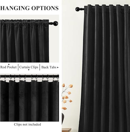 Black Velvet Blackout Curtains Extra Long Room Darkening Drapes Super Soft Elegant Thermal Insulated Soundproof Window Curtains for Bedroom Living Room, Back Tab Rod Pocket, W52 x L102, 2 Panels