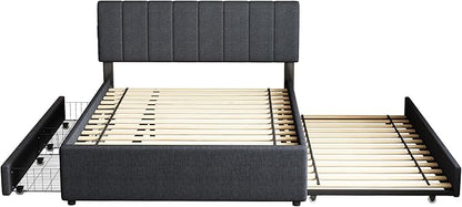 Full Size Upholstered Platform Bed with Trundle & 2 Drawers and 1 Sets of USB, Linen Fabric Full and Twin Double Bed w/LED Lights with APP for Bedroom,Dark Gray