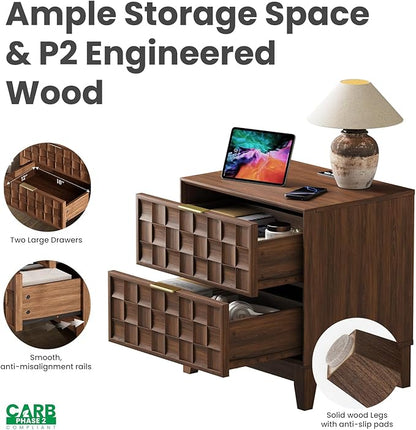 COLAMY Nightstand with Charging Station, 22" Modern Bed Side Table with 2 Storage Drawers and Chessboard Relieffor Bedroom, Dorm and Small Spaces - Walnut