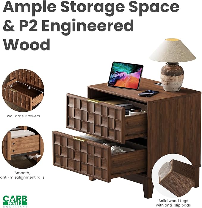 COLAMY Night Stand Set of 2, Nightstand with Charging Station, 22" Modern Bed Side Table with 2 Storage Drawers and Chessboard Relieffor Bedroom, Dorm and Small Spaces - Walnut