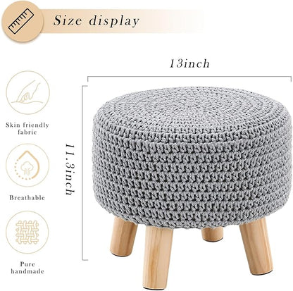 LGENHOOM Boho Ottoman Foot Stool Cotton Knitted Round Pouf Ottoman Foot Rest Stool with Non-Skid Wooden Legs Step Stool Padded Seat for Living Room Gray