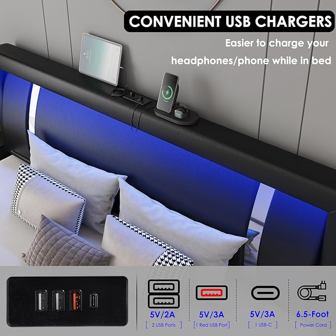 Keyluv King Size Bed Frame with RGB LED Lights & 2 Storage Drawers, Modern Upholstered Platform Bed with Iron Metal Decor, USB Charging Ports, Black