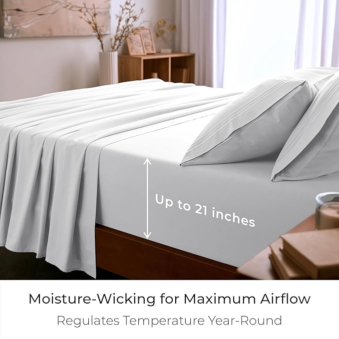 Mellanni King Sheet Set - 6-Piece Iconic Collection Bedding, (Including 4 Pillowcases), 21-Inch Extra Deep Pocket, Easy Care, Ultra Soft, Cooling Sheets, Brushed Microfiber - White