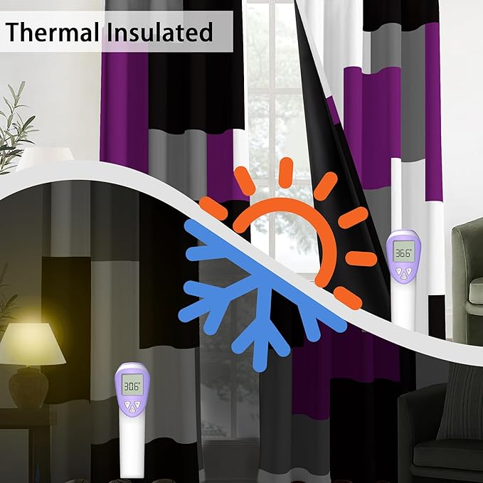 Purple 100% Blackout Curtains for Bedroom 72 inch Length 2 Panels Set Grey Modern Abstract Geometric Black Out Curtains Insulated Room Darkening Window Drapes for Living Room, 52Wx72L