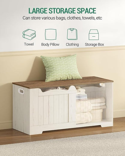 Hzuaneri 39.4" Storage Chest, Storage Bench Trunk with 2 Hinge, Wooden Box, Lift-Top Chest Organizer, Shoe Bench for Entryway, Bedroom, Living Room, White and Brown SB01014B