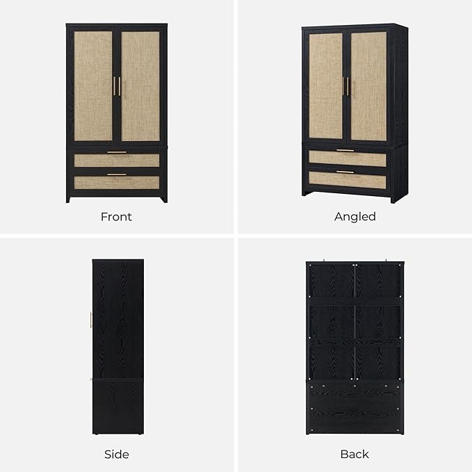 SICOTAS Larger Armoire Wardrobe Closet, 71" Tall Rattan Wardrobe Closet Cabinet with Storage and 2 Drawers, Boho Armoire Clothes Organizer with Hanging Rod for Bedroom, Black Oak (2 PCS)