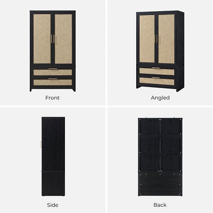 SICOTAS Larger Armoire Wardrobe Closet, 71" Tall Rattan Wardrobe Closet Cabinet with Storage and 2 Drawers, Boho Armoire Clothes Organizer with Hanging Rod for Bedroom, Black Oak (2 PCS)