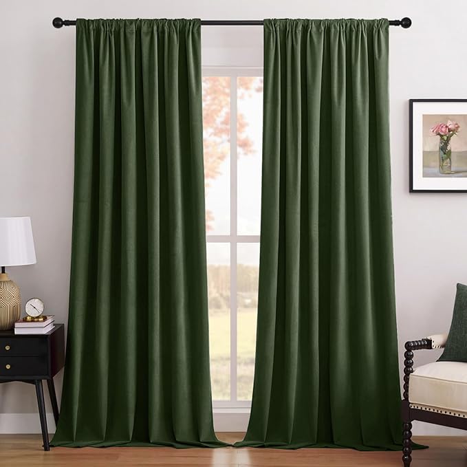 Joydeco Olive Green 100% Blackout Curtains 108 Inch 2 Panels, Luxury Thermal Green Velvet Curtains for Bedroom Living Room, Soundproof Blackout Window Drapes, Rod Pocket & Back Tab (52W x 108L)