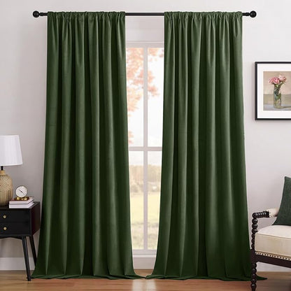 Joydeco Olive Green 100% Blackout Curtains 108 Inch 2 Panels, Luxury Thermal Green Velvet Curtains for Bedroom Living Room, Soundproof Blackout Window Drapes, Rod Pocket & Back Tab (52W x 108L)