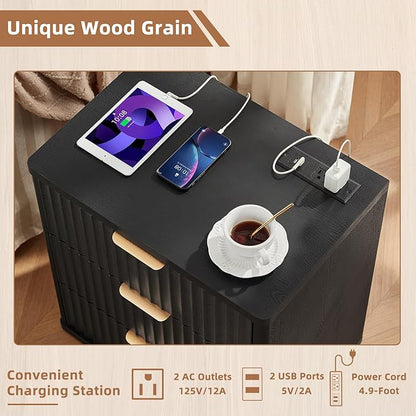 LEYAOYAO 48" Wide Fluted Dresser and 3 Drawers 23" Nightstand Set of 2, Wooden Dresser & Night Stand with Charging Station, 3 Piece Bedroom Furniture Set, Wood Chest of Drawer for Living Room,Black