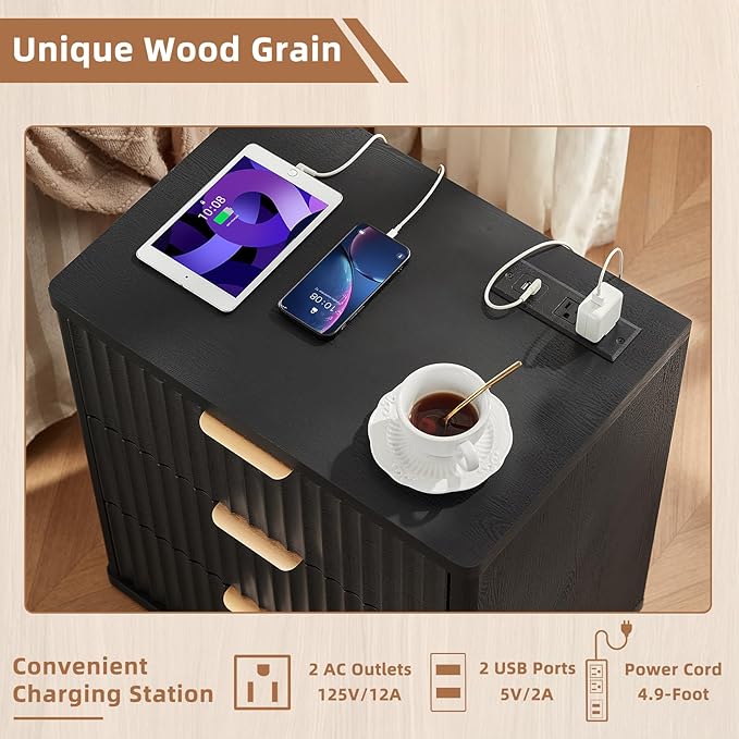 LEYAOYAO 42" Tall Fluted Dresser and 3 Drawers 23" Nightstand Set of 2, Wooden Dresser & Night Stand with Charging Station, 3 Piece Bedroom Furniture Set, Wood Chest of Drawer for Living Room,Black