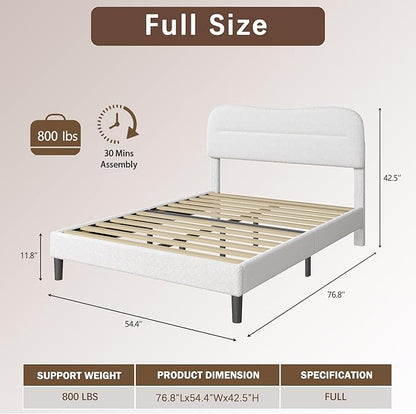 Full Size Bed Frame with Headboard, Teddy Soft Boucle Fabric Bed Frame Full, Soft Cloud Marshmallow Shape Upholstered Headboard, No Box Spring Needed, Noise Free (White)