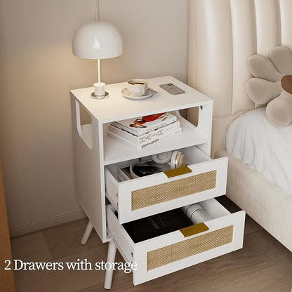 Rattan Nightstand,Farmhouse Bedside Table with 2 Storage Drawer and Open Wood Shelf, for Bedroom and Small Spaces,Night Stand with Solid Wood Legs (White)