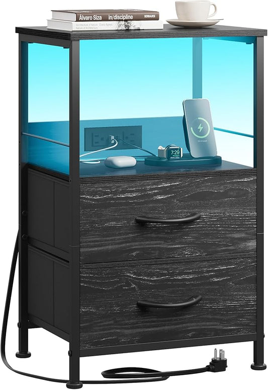 WLIVE Night Stand with Charger Station, LED Nightstand for Bedroom, Small Dresser with 2 Fabric Drawers for Small Spaces, Bed Side Table, Charcoal Black and Wood Grain Print