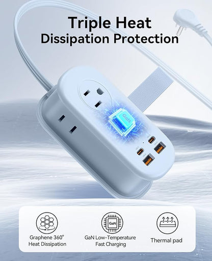 ORICO 65W GaN Travel Power Strip with 7-in-1 Charging Ports (3 AC Outlets/2 USB-A/2 USB-C), Flat Plug and 4FT Extension Cord, Fast Charger for MacBook Pro/Air, iPad Pro, iPhone 17/16/15- AP3