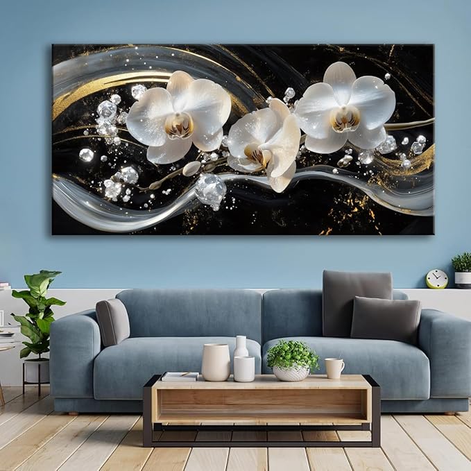 White Orchid Canvas Wall Art - Modern Floral Picture for Living Room, Bedroom Wall Decor, Framed Wall Art for Home Decoration, Elegant Flower Paintings Ready to Hang, Large Wall Art 75x150cm(30x60in)
