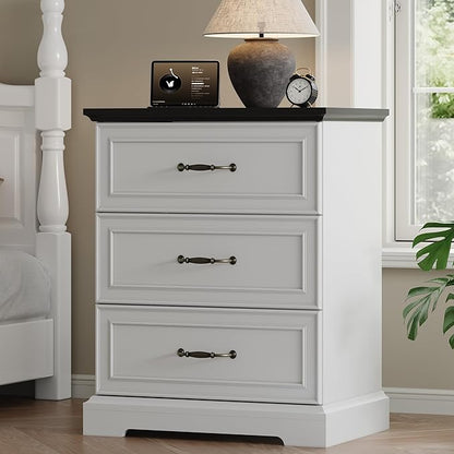Farmhouse 3 Drawers Dresser for Bedroom, 24" Wide Modern Chest of Drawers with Deep Drawers & Bar Handles, Rustic Wood Nightstand, Wooden Closet Storage Organizer for Living Room, Hallway, White