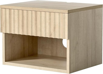 Small Floating Nightstand with Drawer, Modern Night Stand with Fluted Door and Open Storage Shelf Wall Mounted Bedside Table for Bedroom, Entryway Light Oak