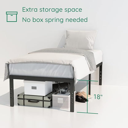 18 Inch Twin Bed Frame Heavy Duty No Box Spring Needed Metal Platform with Maximum Storage, Easy Assembly, Noise Free, Black