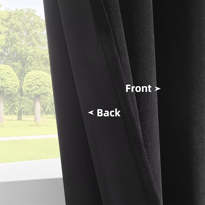 Joydeco Black Velvet Curtains 90 inch Length 2 Panels, Luxury Blackout Rod Pocket Thermal Insulated Window Curtains, Super Soft Room Darkening Drapes for Living Dining Room Bedroom,W42 x L90 inches