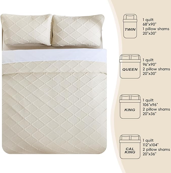 Yiran Quilt King Size Beige Summer Bedspreads Bedding Set 3 Pieces Thin Lightweight Microfiber Coverlet with 2 Pillow Shams for All Season