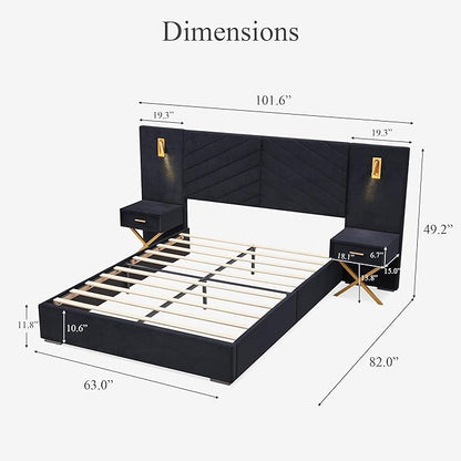 DEINPPA Luxury Queen Bed Frame with Built-in Gold LED Lights and Nightstands, Queen Size Platform Bed with Oversize Upholstered Headboard, No Box Spring Needed-Gunmetal Black