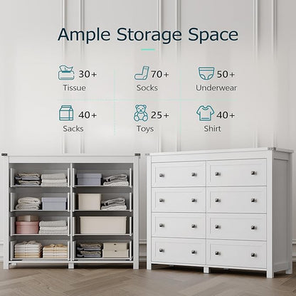 Dresser for Bedroom with 8 Drawers, Farmhouse Wood Chest of Drawers, Wide TV Stand Closet Storage Furniture with Metal Handle, Modern Clothes Organizer for Hallway, Living Room, Entryway, White