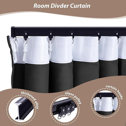 Room Divider Curtains with Ceiling Curtain Track Set Window Curtain for Bedroom,Living Room Total Blackout Thermal Insulated Privacy Ceiling Track Curtain W 12 × H 7 FT Beige drape&Black track