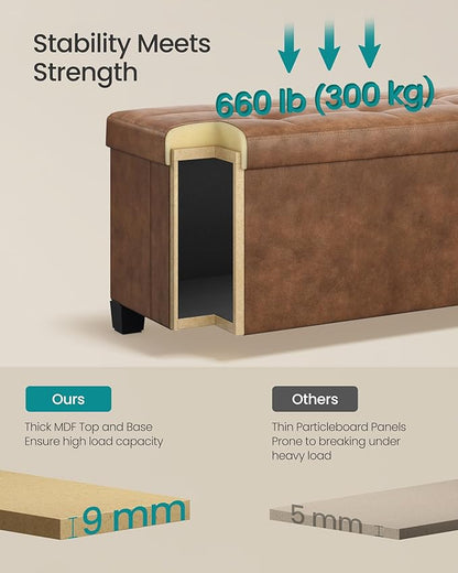 SONGMICS Storage Ottoman, Storage Bench with Legs, 15 x 43.3 x 15.7 Inches, Ottoman Bench, 30 Gal. (112 L), Synthetic Leather, for Living Room, Entryway, Coffee Brown ULSF0514K03