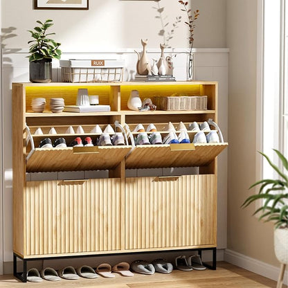 VINGLI Fluted Shoe Cabinet Storage for Entryway,Hidden Shoes Storage Cabinet with 4 Flip Drawers, Mid Century Modern Shoe Rack with LED Light,Shoes Organizer with Cubby for Hallway(Natural Oak)