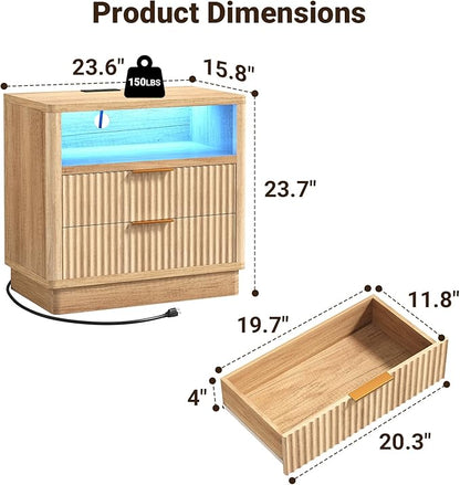 ELYKEN Wood Fluted Nightstand with Charging Station & LED Light, 24" Wide Night Stand for Bedroom, LED 2 Drawer Bedside Table with Power Outlet