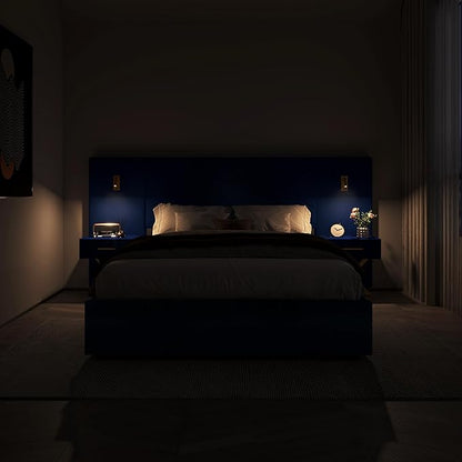 DEINPPA Luxury Queen Bed Frame with Built-in Gold LED Lights and Nightstands, Queen Size Platform Bed with Oversize Upholstered Headboard, No Box Spring Needed-Royal Blue