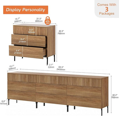 WAMPAT 94.5" W Fluted Dresser for Bedroom, Modern 9 Drawer Dresser TV Stand with Hidden Handles, Wooden Chest of Drawers Closet Clothes Storage Organizer for Bedroom, Living Room, Light Walnut